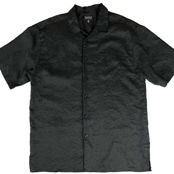 100% Linen Short Sleeve Button Up Shirt Men's XL Black Havana Summer Casual Cool - Picture 1 of 15